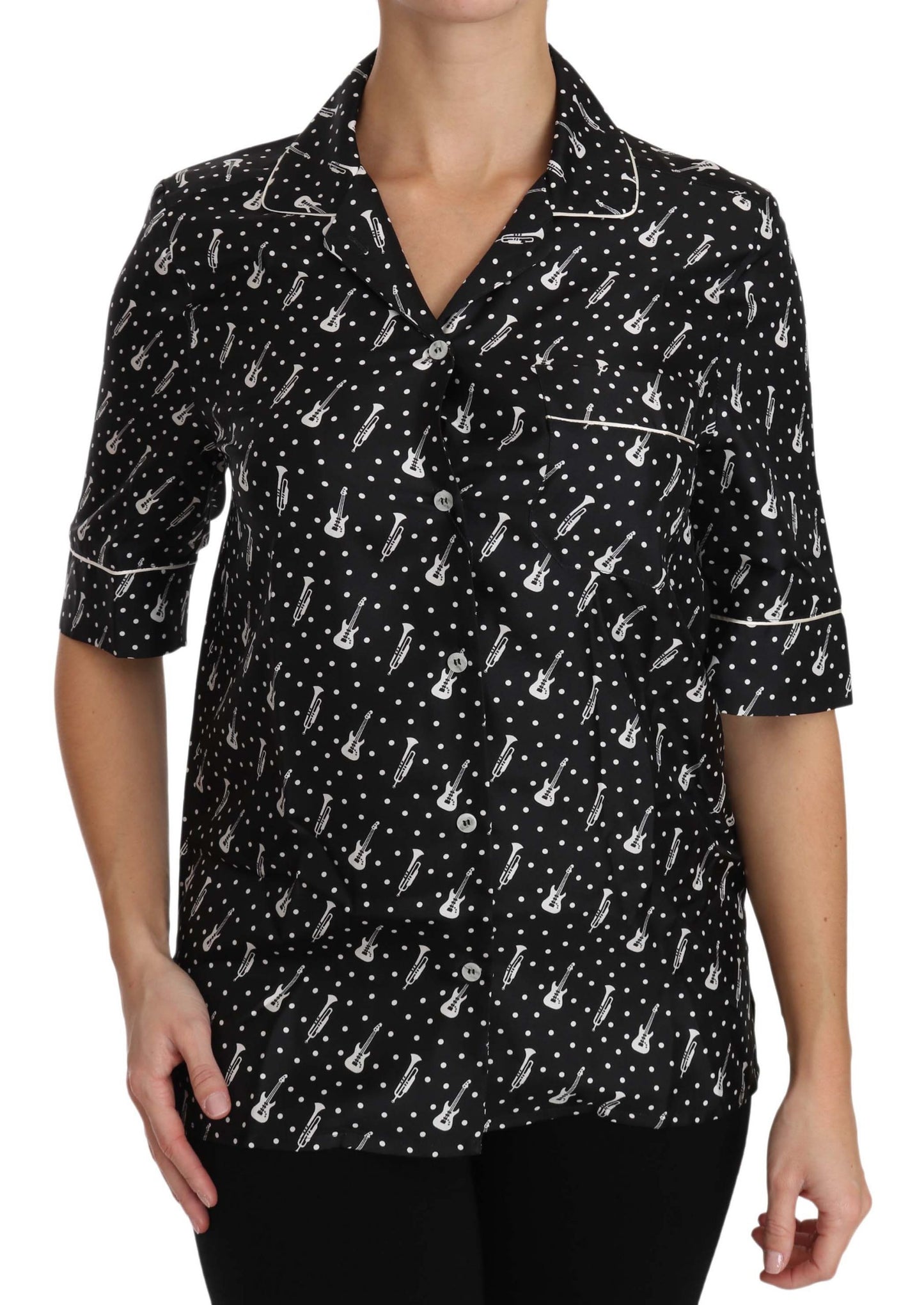 Haut Chemise en Soie Imprimé GuitareTrompette Noir Dolce & Gabbana