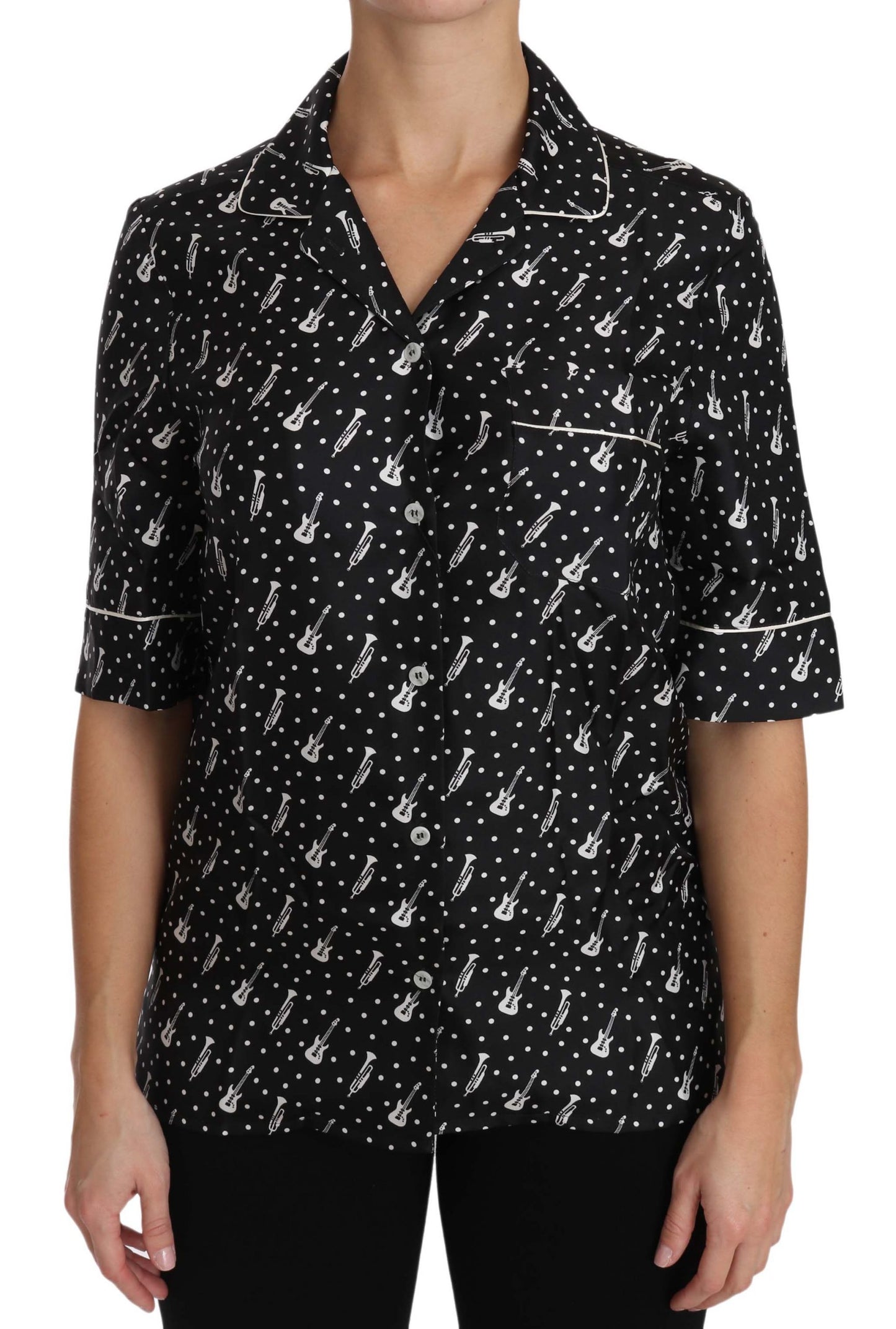 Haut Chemise en Soie Imprimé GuitareTrompette Noir Dolce & Gabbana