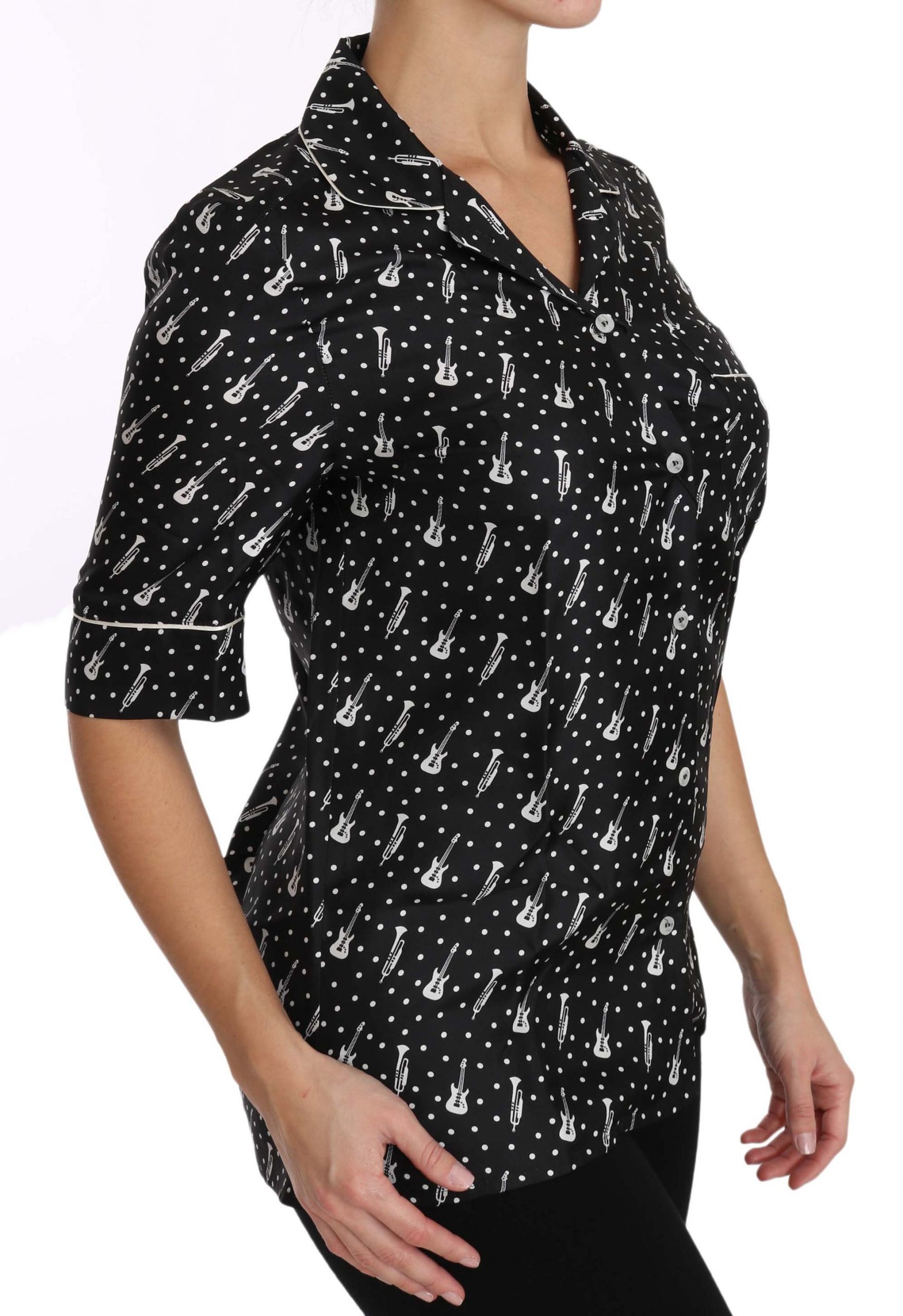 Haut Chemise en Soie Imprimé GuitareTrompette Noir Dolce & Gabbana