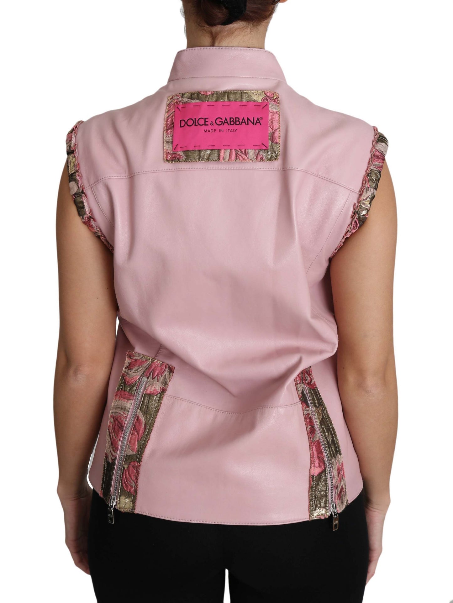 Gilet zippé sans manches en cuir d'agneau rose Dolce & Gabbana