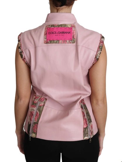 Gilet zippé sans manches en cuir d'agneau rose Dolce & Gabbana