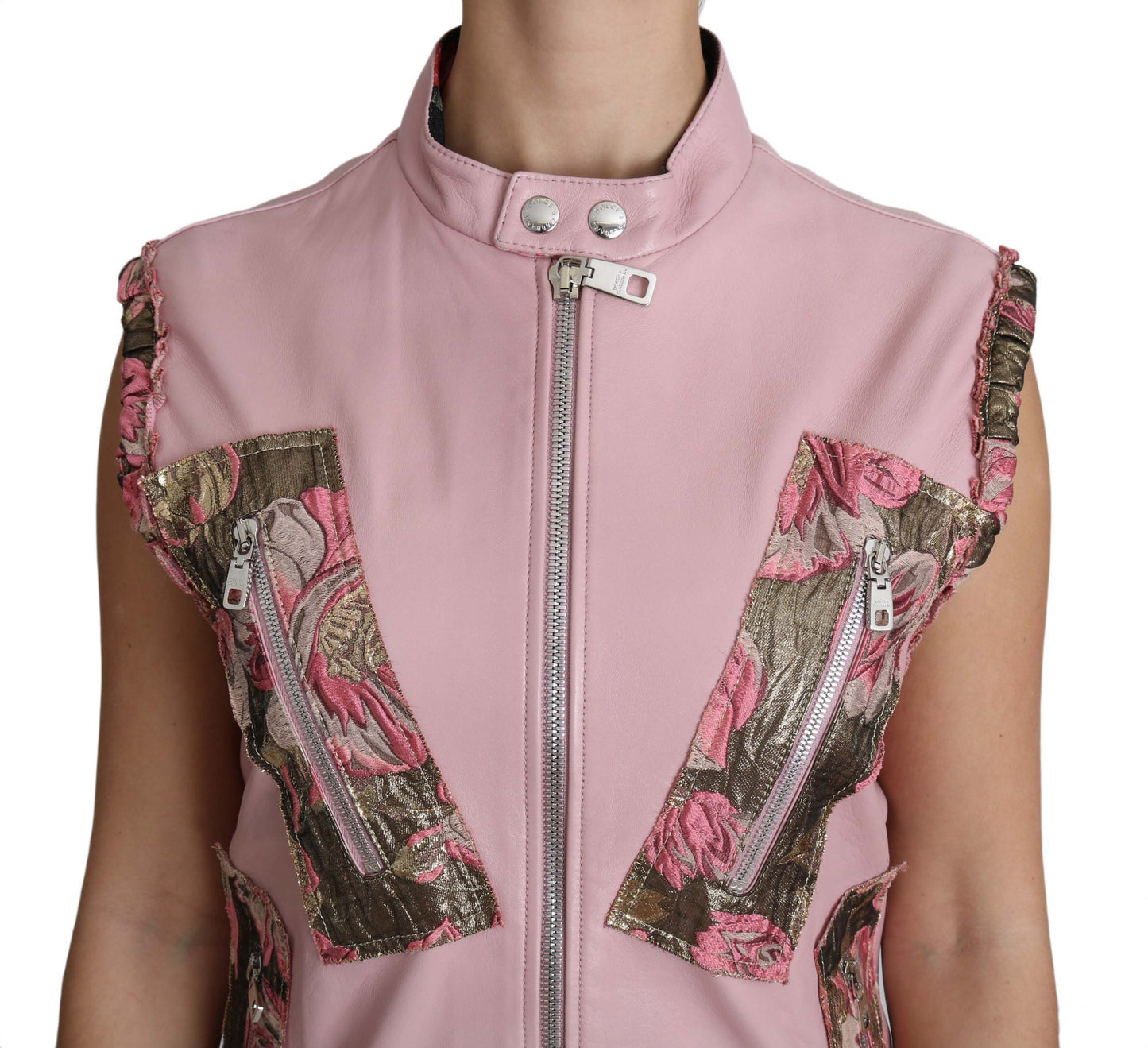Gilet zippé sans manches en cuir d'agneau rose Dolce & Gabbana