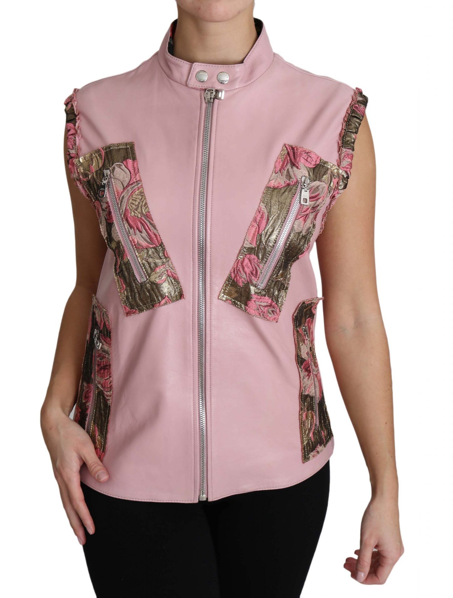 Gilet zippé sans manches en cuir d'agneau rose Dolce & Gabbana