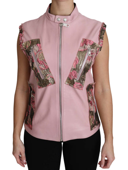 Gilet zippé sans manches en cuir d'agneau rose Dolce & Gabbana