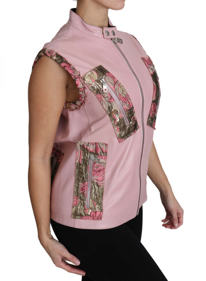 Gilet zippé sans manches en cuir d'agneau rose Dolce & Gabbana