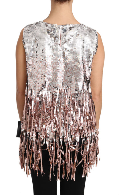 Débardeur Dolce & Gabbana rose doré à franges et sequins