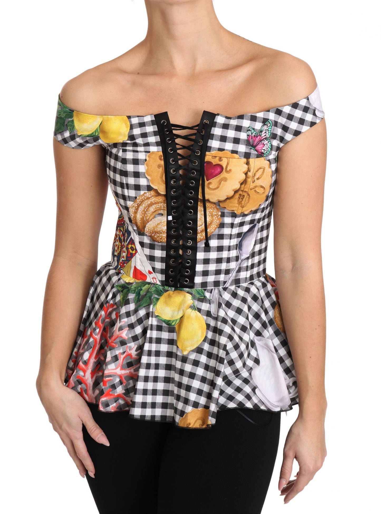 Chemisier corset Dolce & Gabbana motif carreaux citron de Sicile noir et blanc