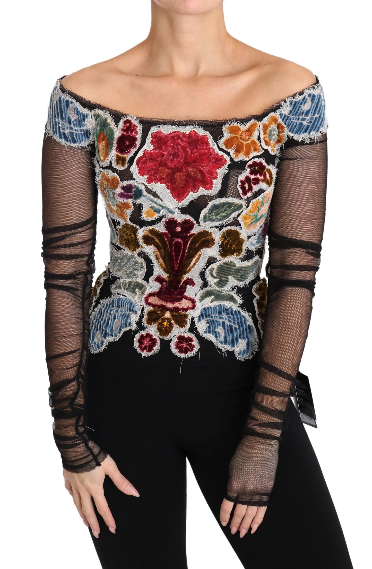Haut chemise chemisier noir fleuri Ricamo Dolce & Gabbana