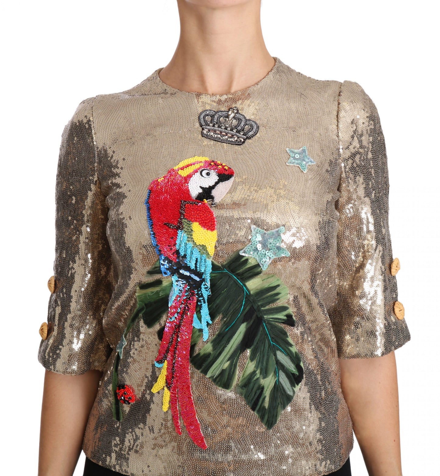 Chemisier Dolce & Gabbana perroquet à sequins dorés et cristaux