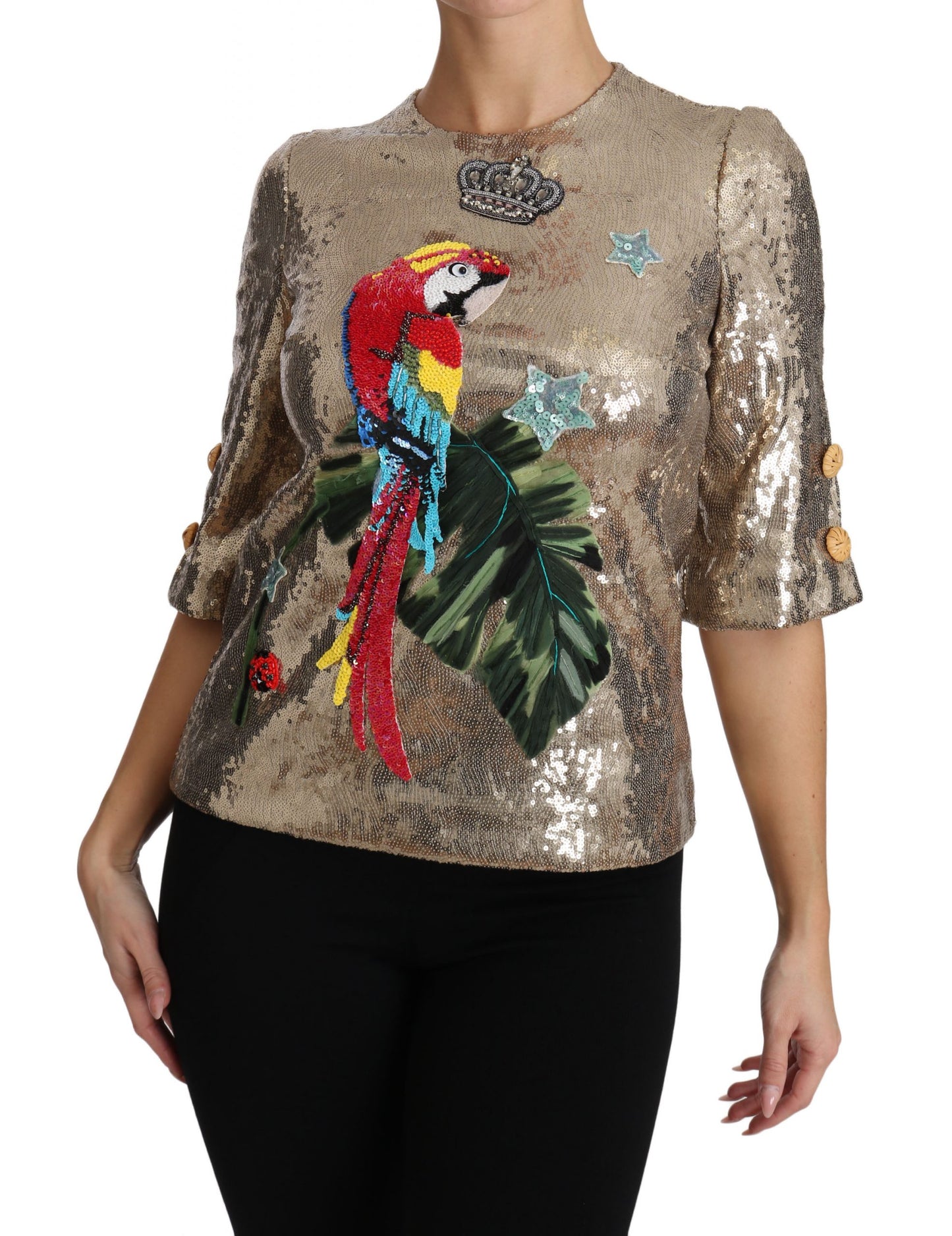 Chemisier Dolce & Gabbana perroquet à sequins dorés et cristaux