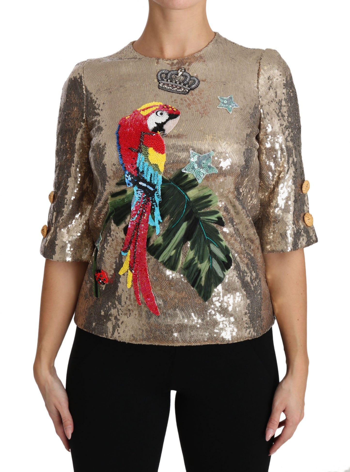 Chemisier Dolce & Gabbana perroquet à sequins dorés et cristaux