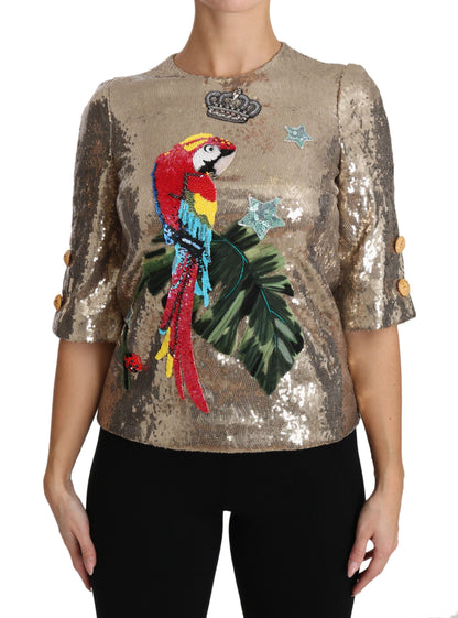 Chemisier Dolce & Gabbana perroquet à sequins dorés et cristaux