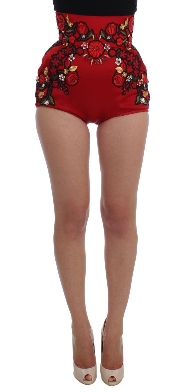 Short en soie rouge Dolce & Gabbana avec roses en cristal