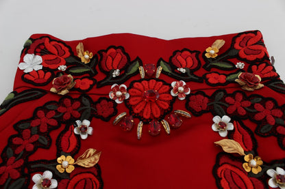 Short en soie rouge Dolce & Gabbana avec roses en cristal