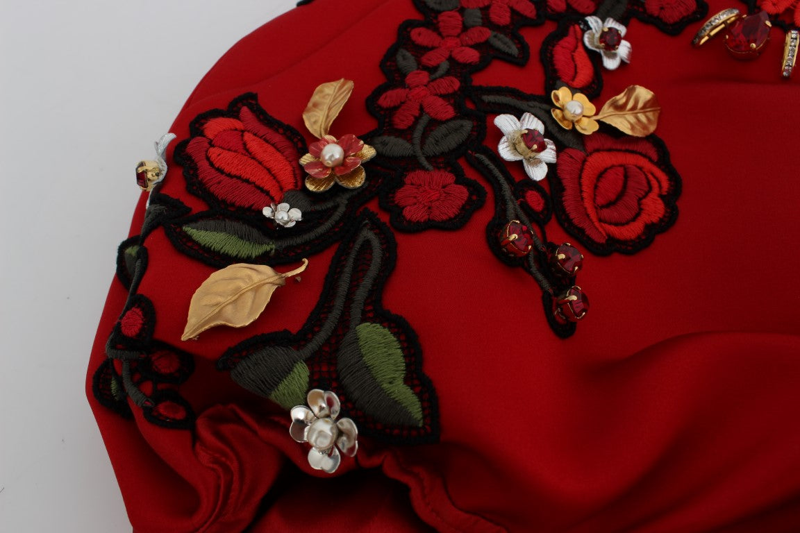 Short en soie rouge Dolce & Gabbana avec roses en cristal