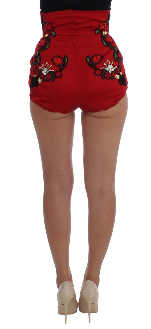 Shorts Dolce & Gabbana en soie rouge à roses de cristal