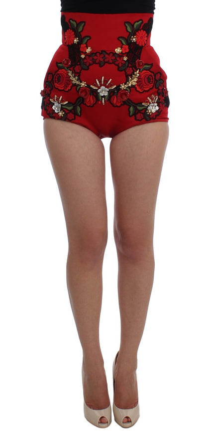 Shorts Dolce & Gabbana en soie rouge à roses de cristal
