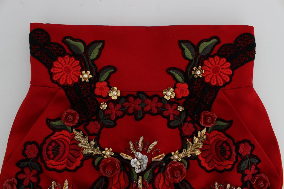 Shorts Dolce & Gabbana en soie rouge à roses de cristal