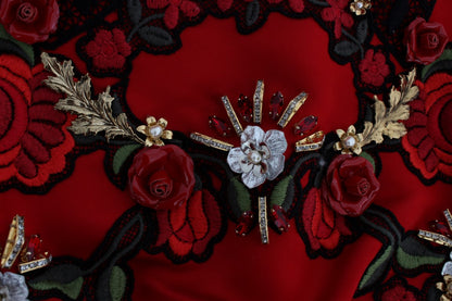 Shorts Dolce & Gabbana en soie rouge à roses de cristal