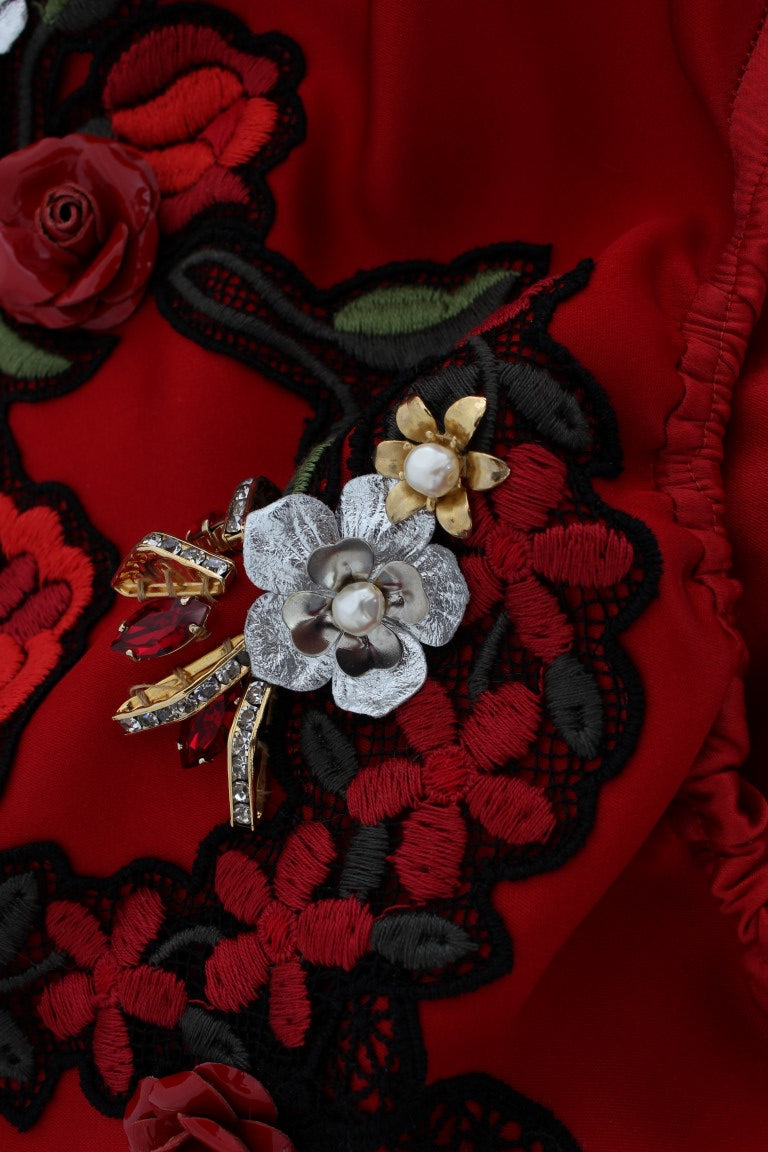 Shorts Dolce & Gabbana en soie rouge à roses de cristal