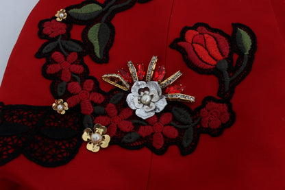 Shorts Dolce & Gabbana en soie rouge à roses de cristal