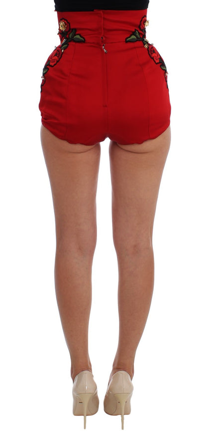 Shorts Dolce & Gabbana en soie rouge à roses de cristal