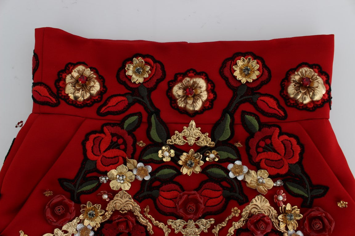 Shorts Dolce & Gabbana en soie rouge à roses de cristal