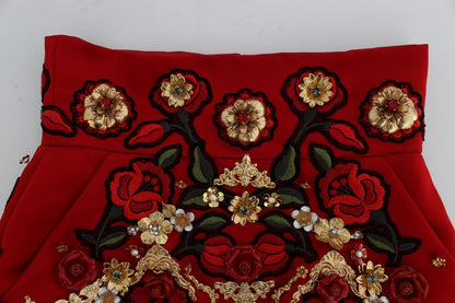 Shorts Dolce & Gabbana en soie rouge à roses de cristal