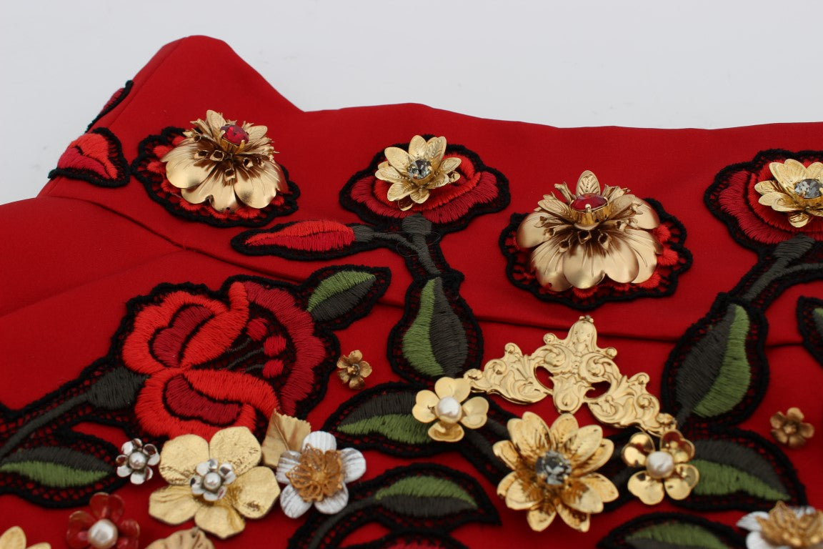 Shorts Dolce & Gabbana en soie rouge à roses de cristal