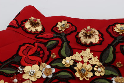 Shorts Dolce & Gabbana en soie rouge à roses de cristal