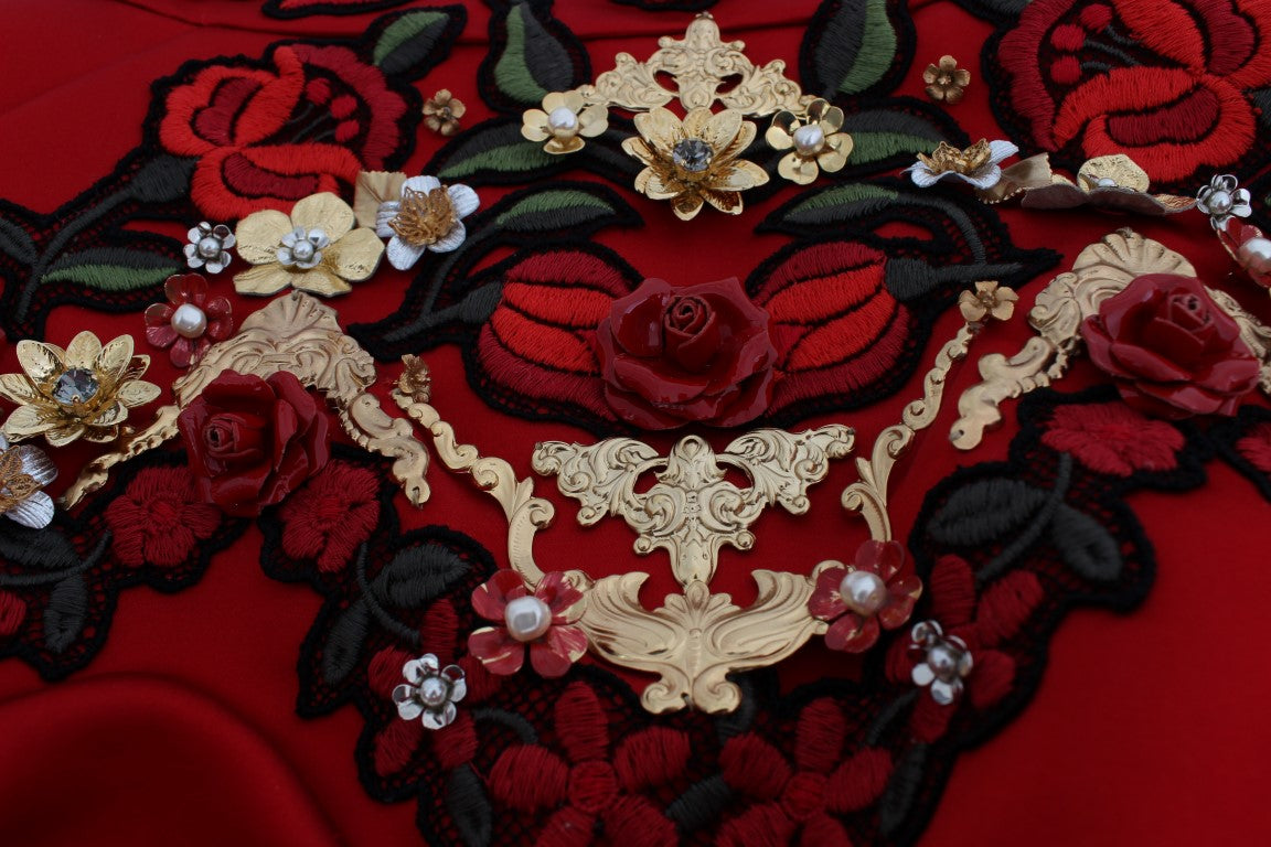 Shorts Dolce & Gabbana en soie rouge à roses de cristal