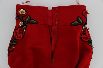Shorts Dolce & Gabbana en soie rouge à roses de cristal