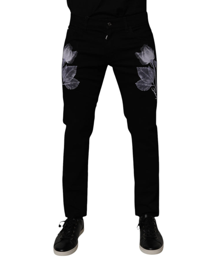 Dolce & Gabbana Vaqueros ajustados de hombre de algodón con estampado floral negros