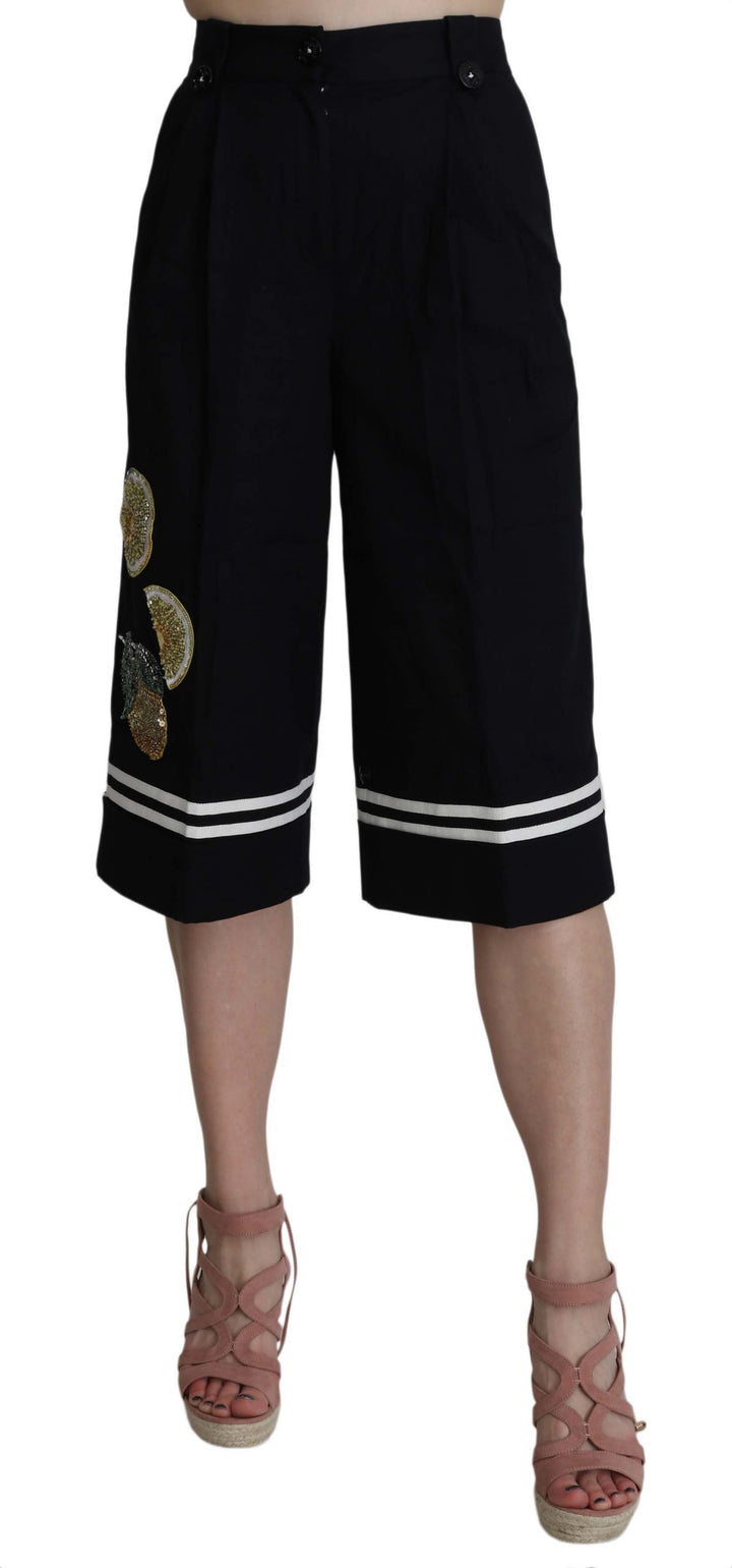 Pantalones Capri Negros de Algodón Adornados de Dolce & Gabbana