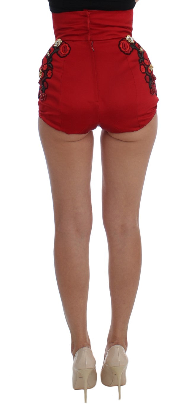 Shorts rojos de seda con rosas de cristal Dolce & Gabbana