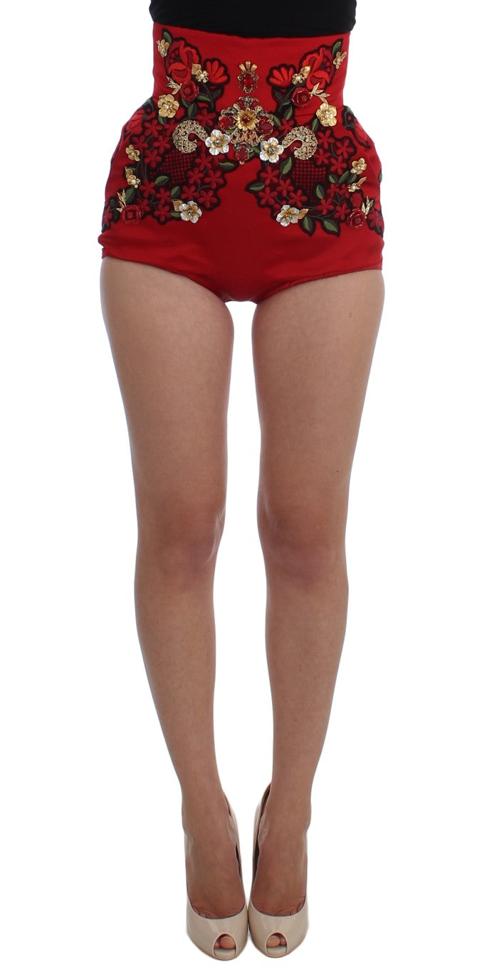 Shorts rojos de seda con rosas de cristal Dolce & Gabbana