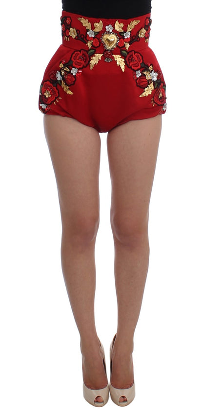 Shorts Dolce & Gabbana en soie rouge à roses de cristal