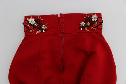 Shorts Dolce & Gabbana en soie rouge à roses de cristal