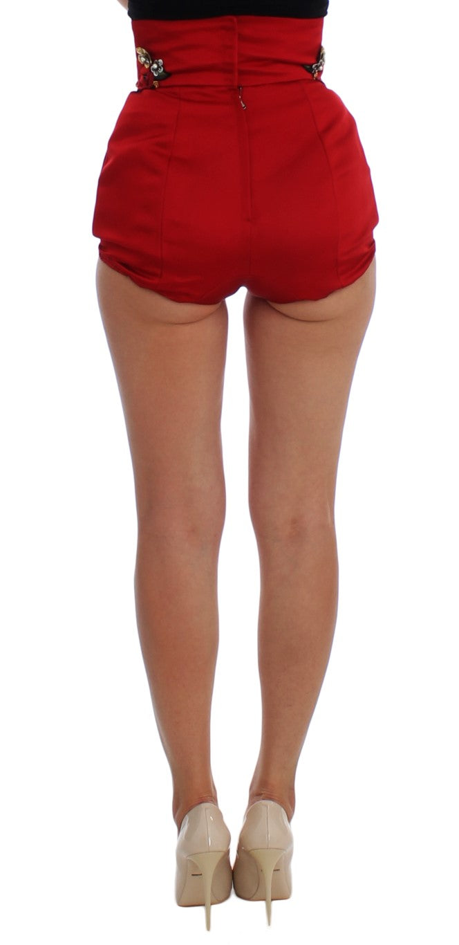 Shorts Dolce & Gabbana en soie rouge à roses de cristal