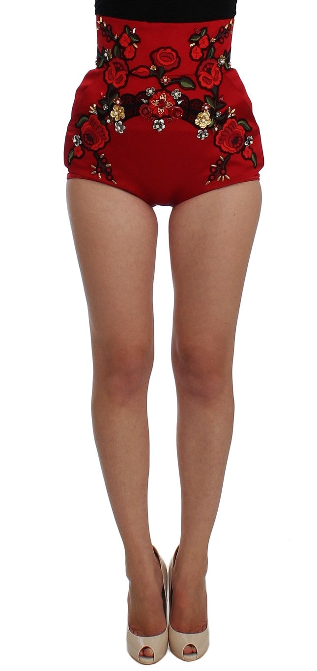 Shorts Dolce & Gabbana en soie rouge à roses de cristal