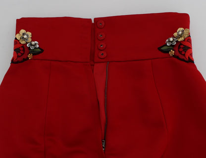 Shorts Dolce & Gabbana en soie rouge à roses de cristal