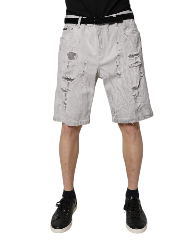 Dolce & Gabbana Light Gray Tattered Men Denim Bermuda Shorts