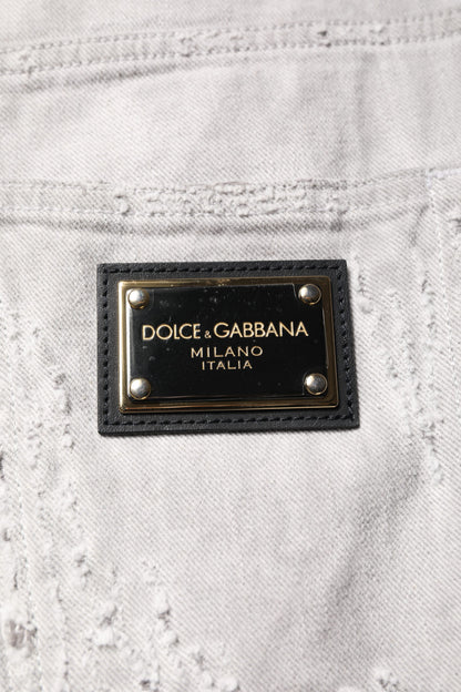 Dolce & Gabbana Light Gray Tattered Men Denim Bermuda Shorts