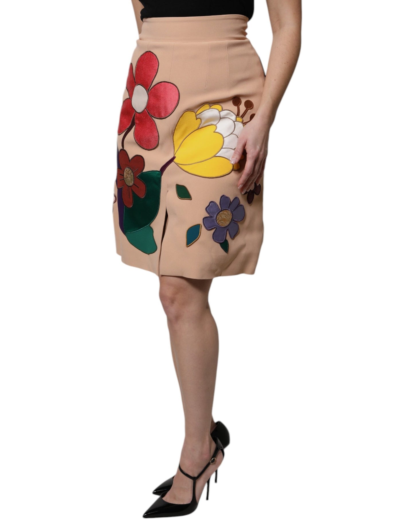Falda Dolce & Gabbana beige floral de corte lápiz y cintura alta