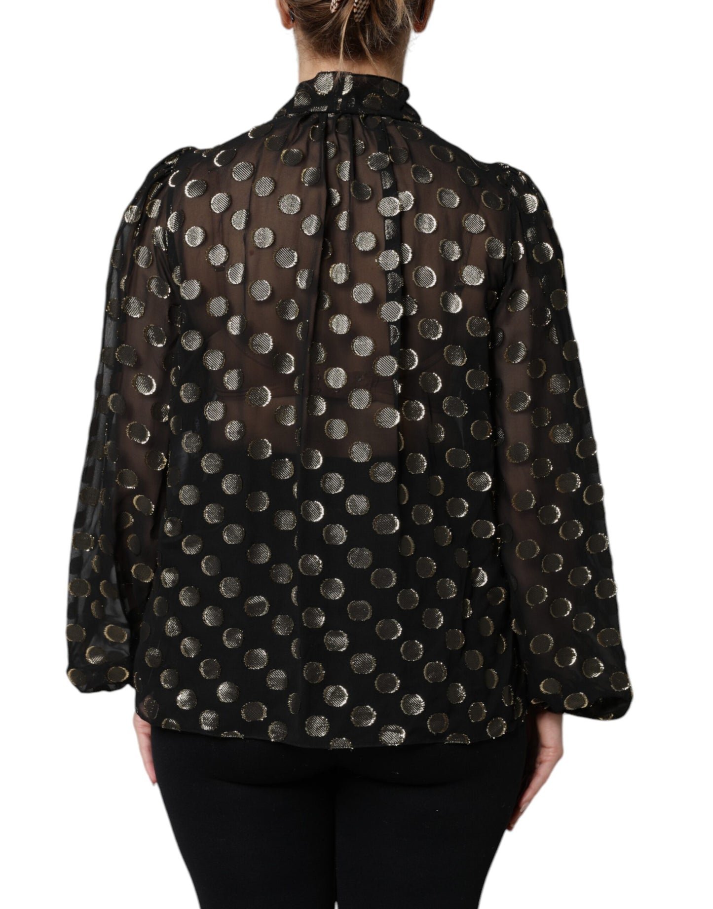 Blusa Dolce & Gabbana negra transparente con cuello anudado y lunares