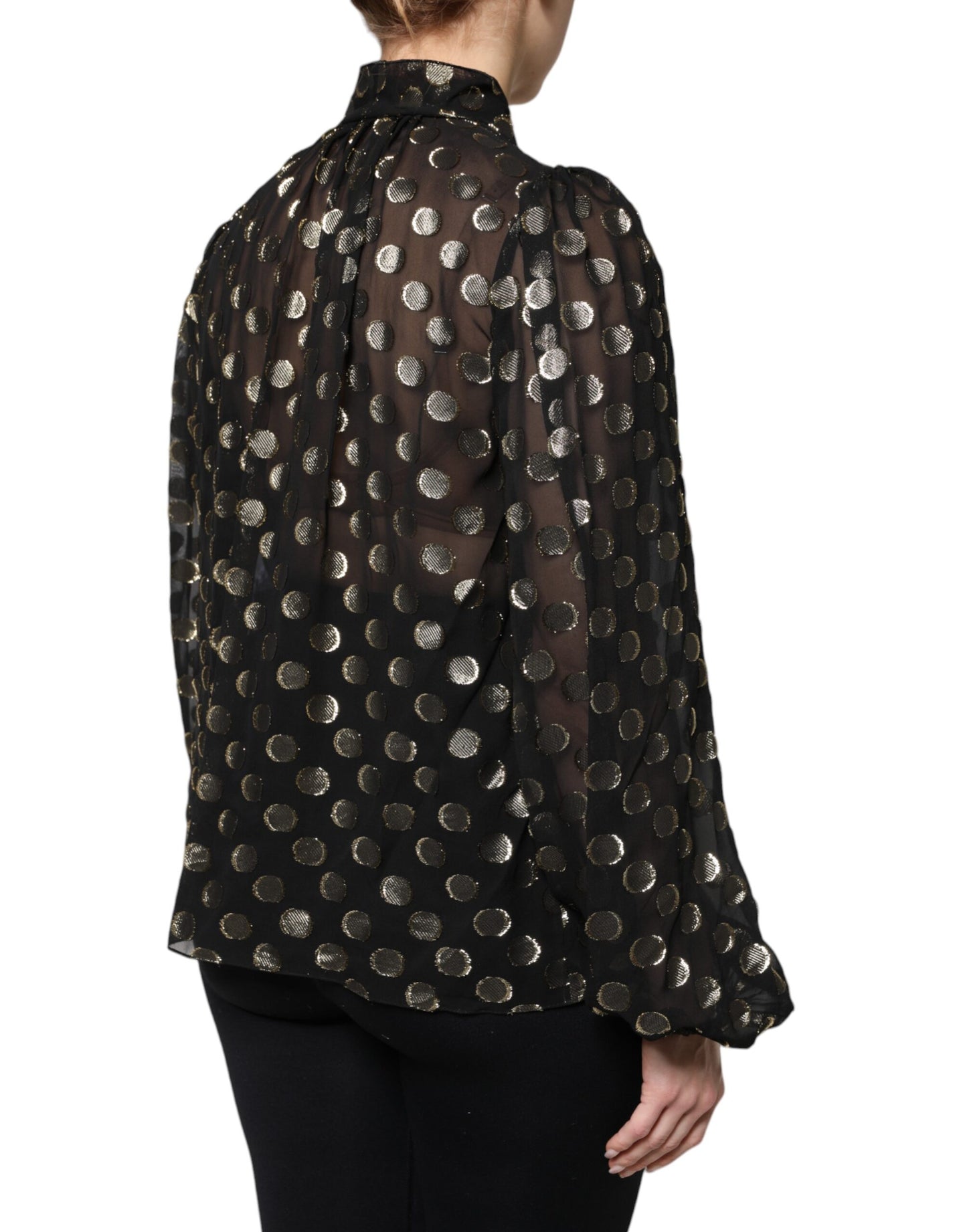 Blusa Dolce & Gabbana negra transparente con cuello anudado y lunares