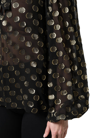 Blusa Dolce & Gabbana negra transparente con cuello anudado y lunares