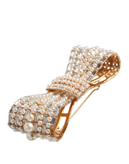 Broche Dolce & Gabbana en laiton doré avec nœud, cristaux et fausses perles