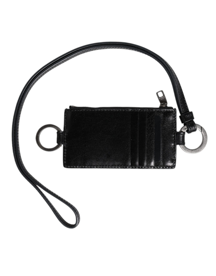 Tarjetero tipo cartera con cordón de cuero negro con logo grabado de Dolce & Gabbana