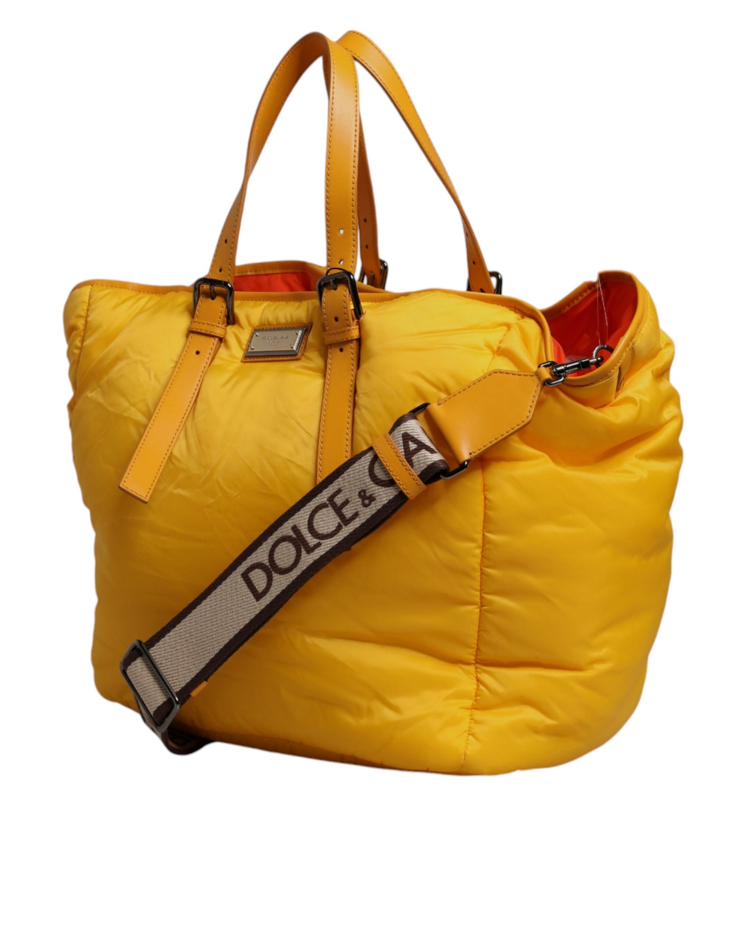 Bolso Duffle de Hombro Dolce & Gabbana de Nylon Amarillo Anaranjado con Placa del Logotipo